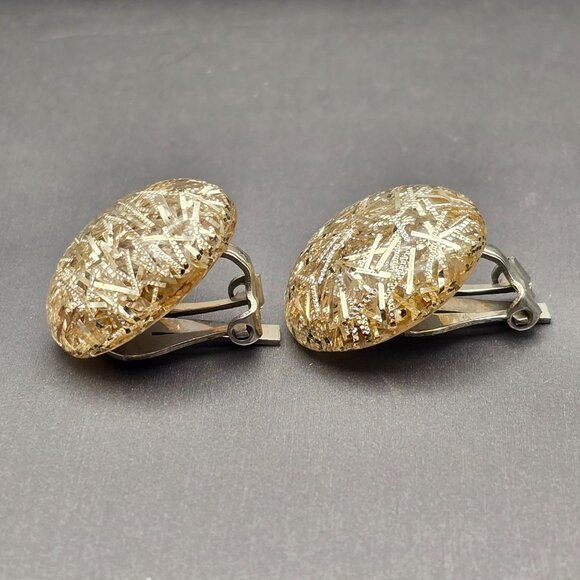 VTG Lucite Confetti Dome Clip-On Earrings 1" Silver Tone Mid-Century Glam - Picture 2 of 7